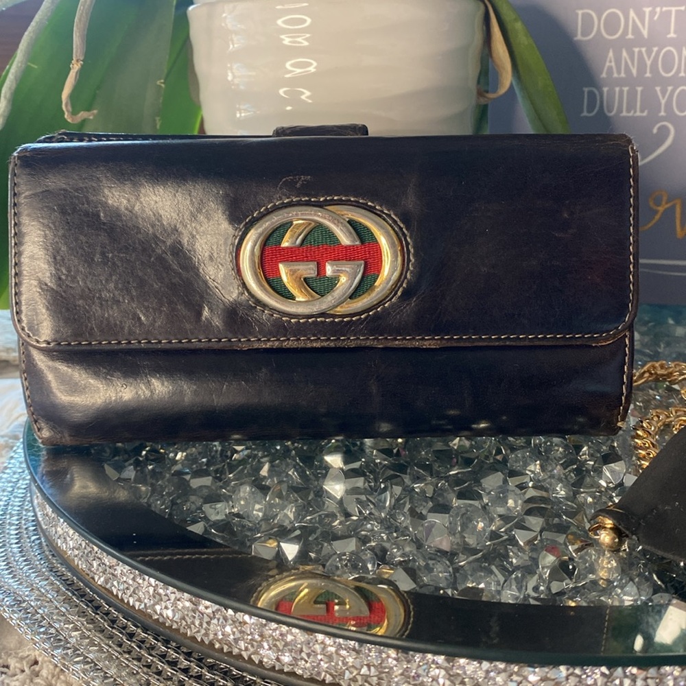 💯 Vintage Gucci Britt Continental Sherry line Black Leather & unbranded Chain